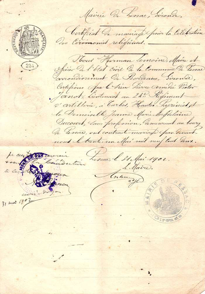 Certificat de mariage Janot Ducourt 1200