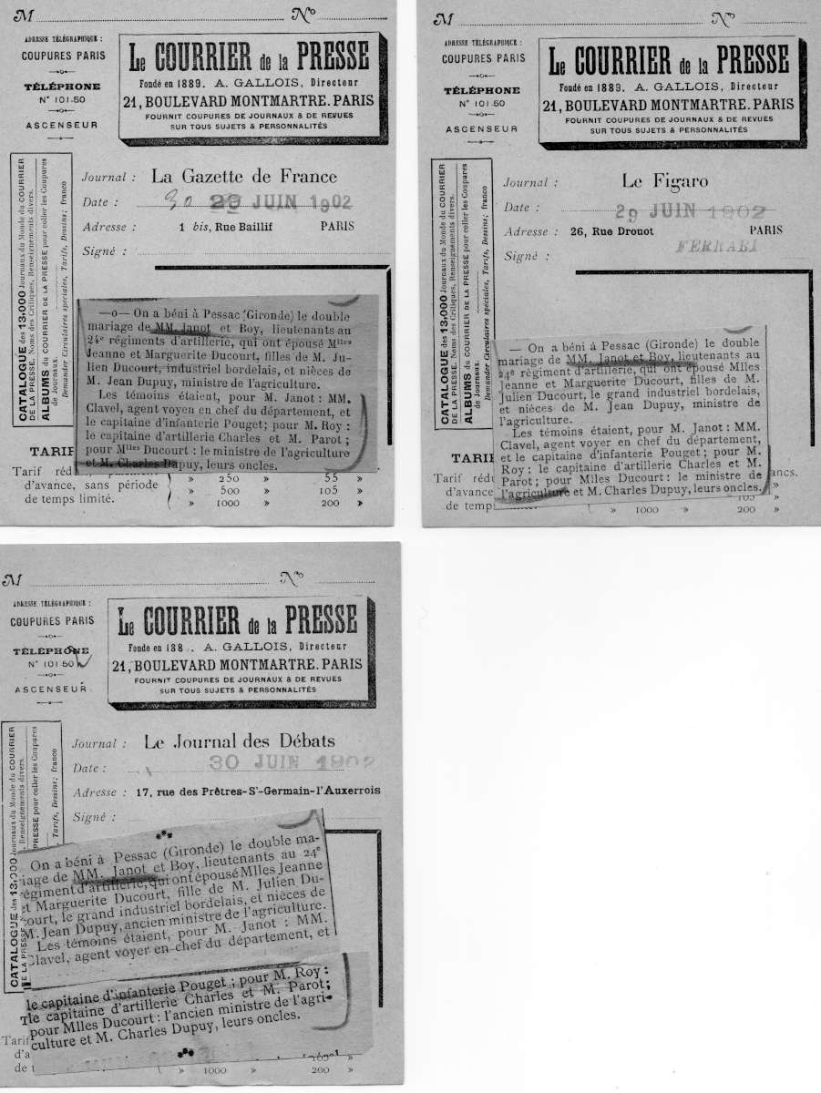 Faire parts presse Jeanne et Marguerite Ducourt 1200